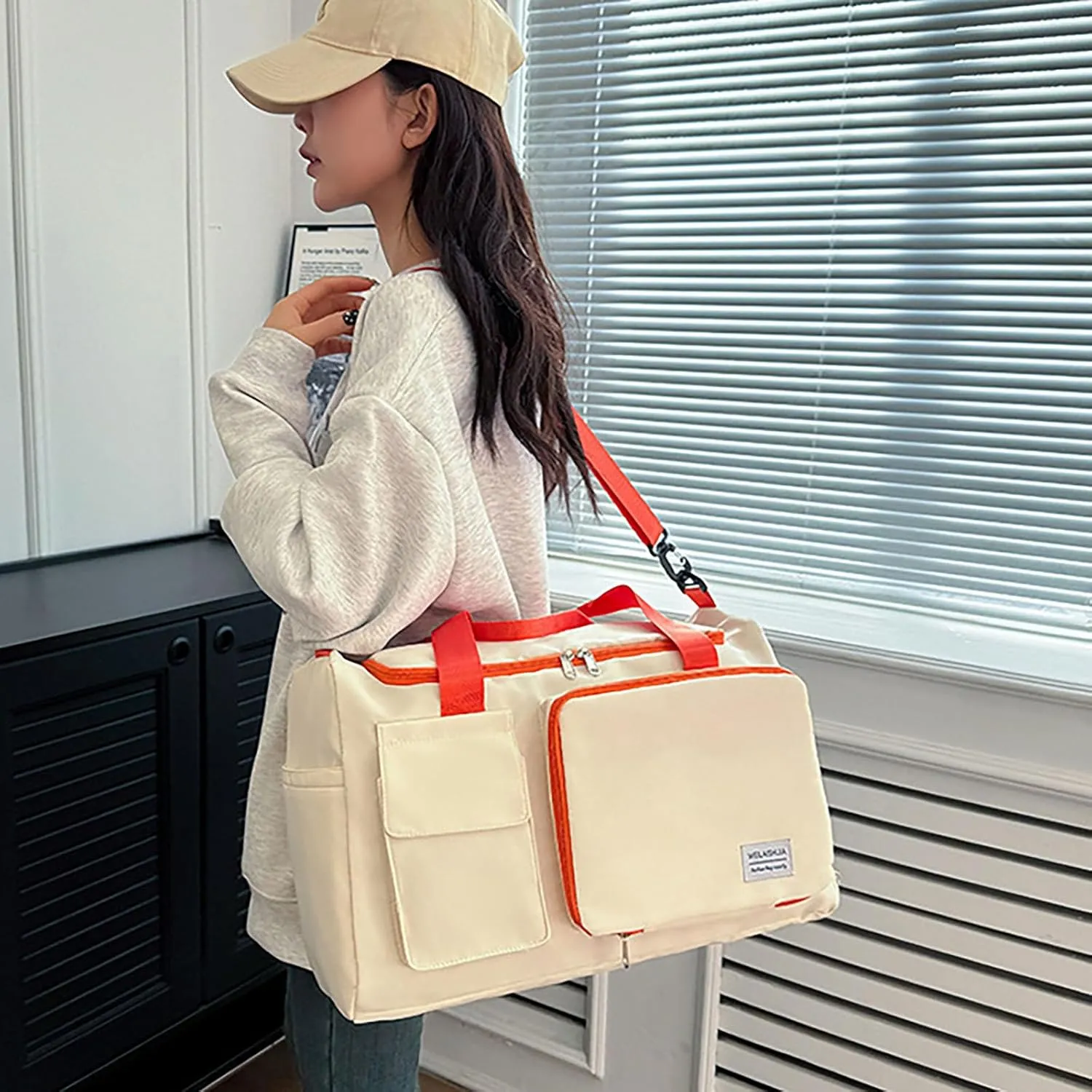 Foldable Tote Travel Duffel Bag Dry Wet Separation Sports Duffle Bag with Shoes Compartment Weekender Overnight Bag for Women (White Orange)