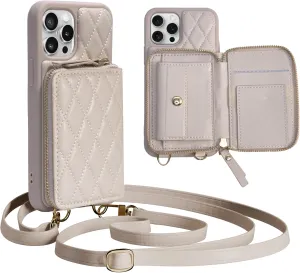 for iPhone 14 Pro Wallet Case Crossbody, PU Leather Zipper Handbag Purse Flip Cover Standar, Independent Slot Adjustable Strap Portable 6.1-Inch iPhone Case Beige
