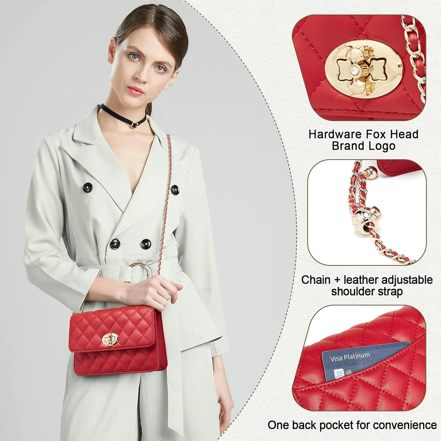 FOXLOVER Quilted Crossbody Purse for Women Faux Leather Trendy Ladies Shoulder Bag with Chain