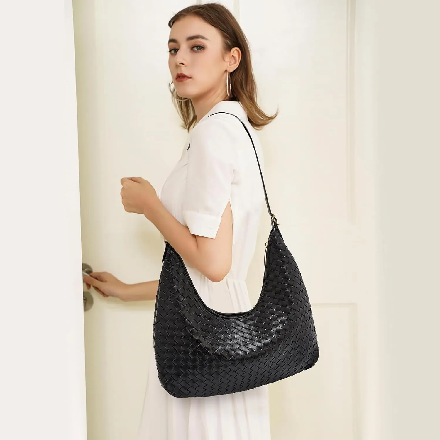 FOXLOVER Vegan Faux Leather Weave Bucket Handbag for Women Fashion Ladies Simplicity Crossbody Handbag Shoulder Purse