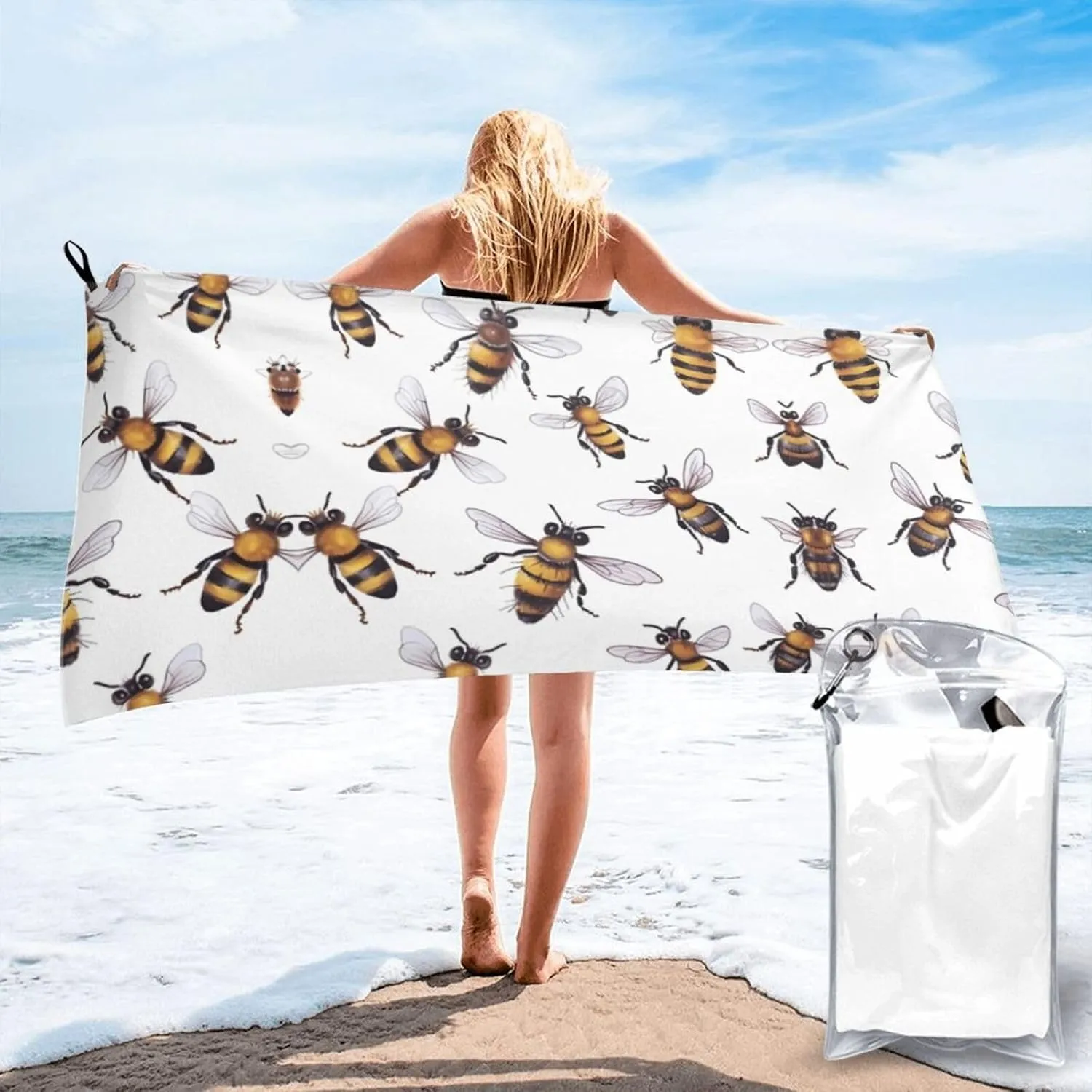 Funny Bees Premium Compact Microfiber Travel Towel-Featherlight & Quick Dry,Sand-Resistant Beach Towel for Swimming,Camping,Vacation Essentials with Carry Pouch