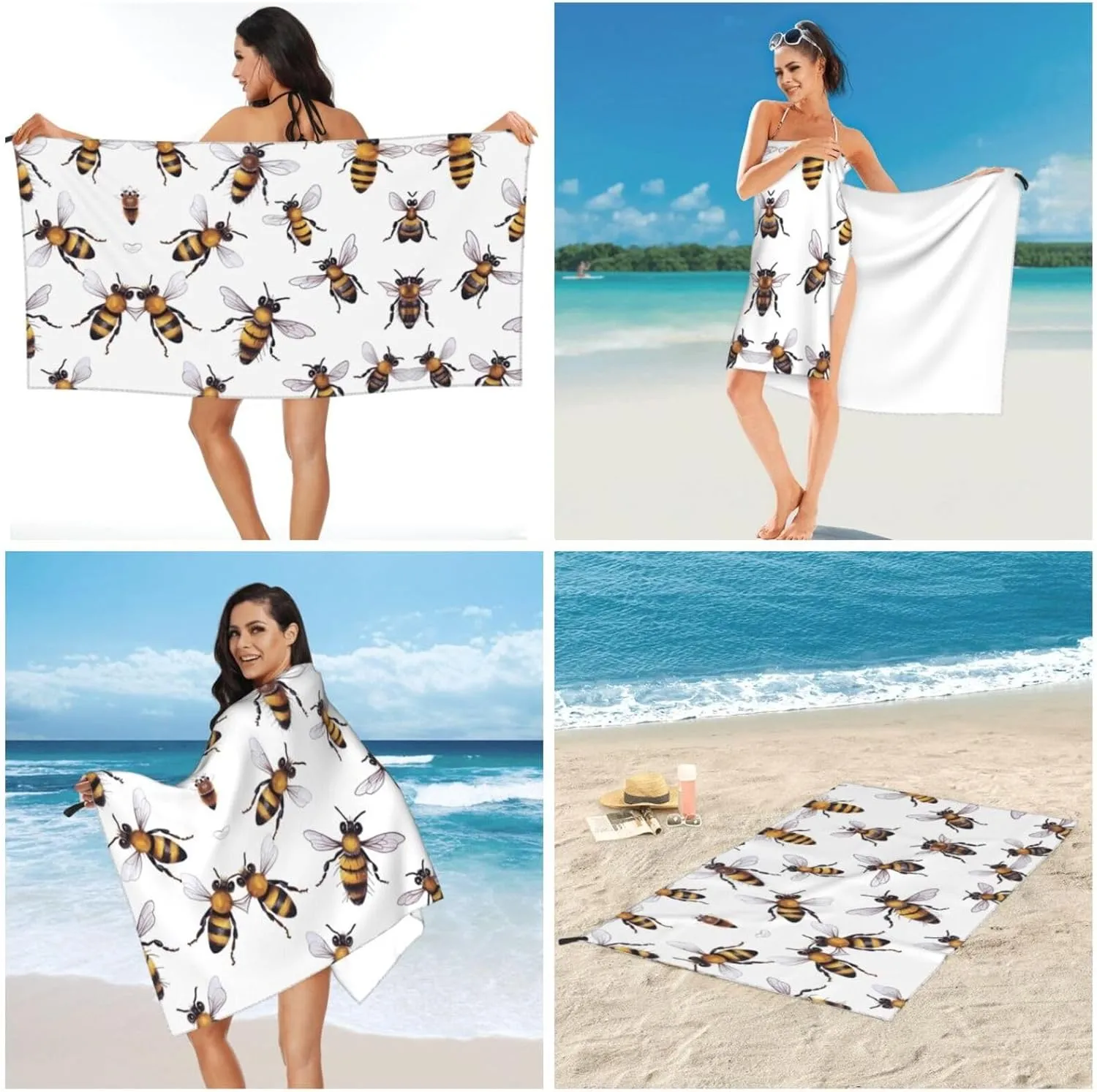 Funny Bees Premium Compact Microfiber Travel Towel-Featherlight & Quick Dry,Sand-Resistant Beach Towel for Swimming,Camping,Vacation Essentials with Carry Pouch