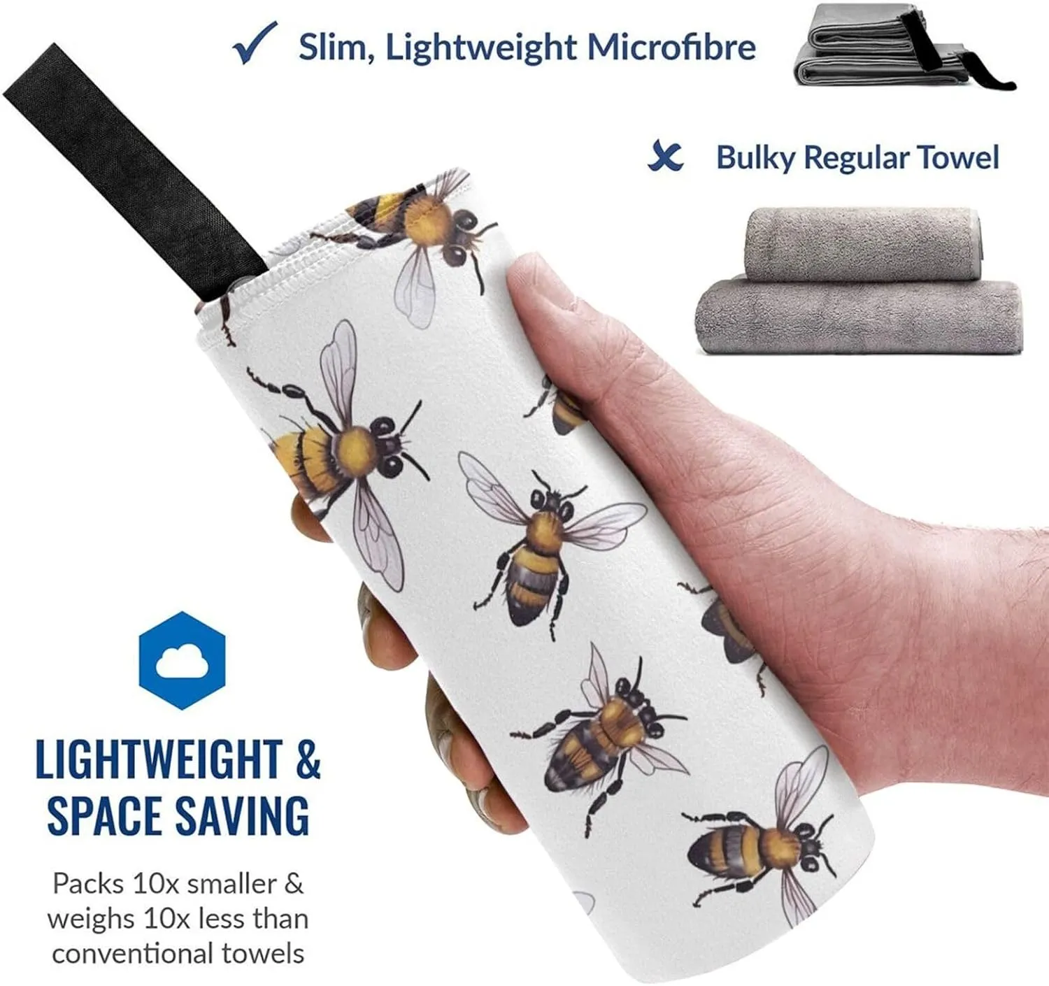 Funny Bees Premium Compact Microfiber Travel Towel-Featherlight & Quick Dry,Sand-Resistant Beach Towel for Swimming,Camping,Vacation Essentials with Carry Pouch