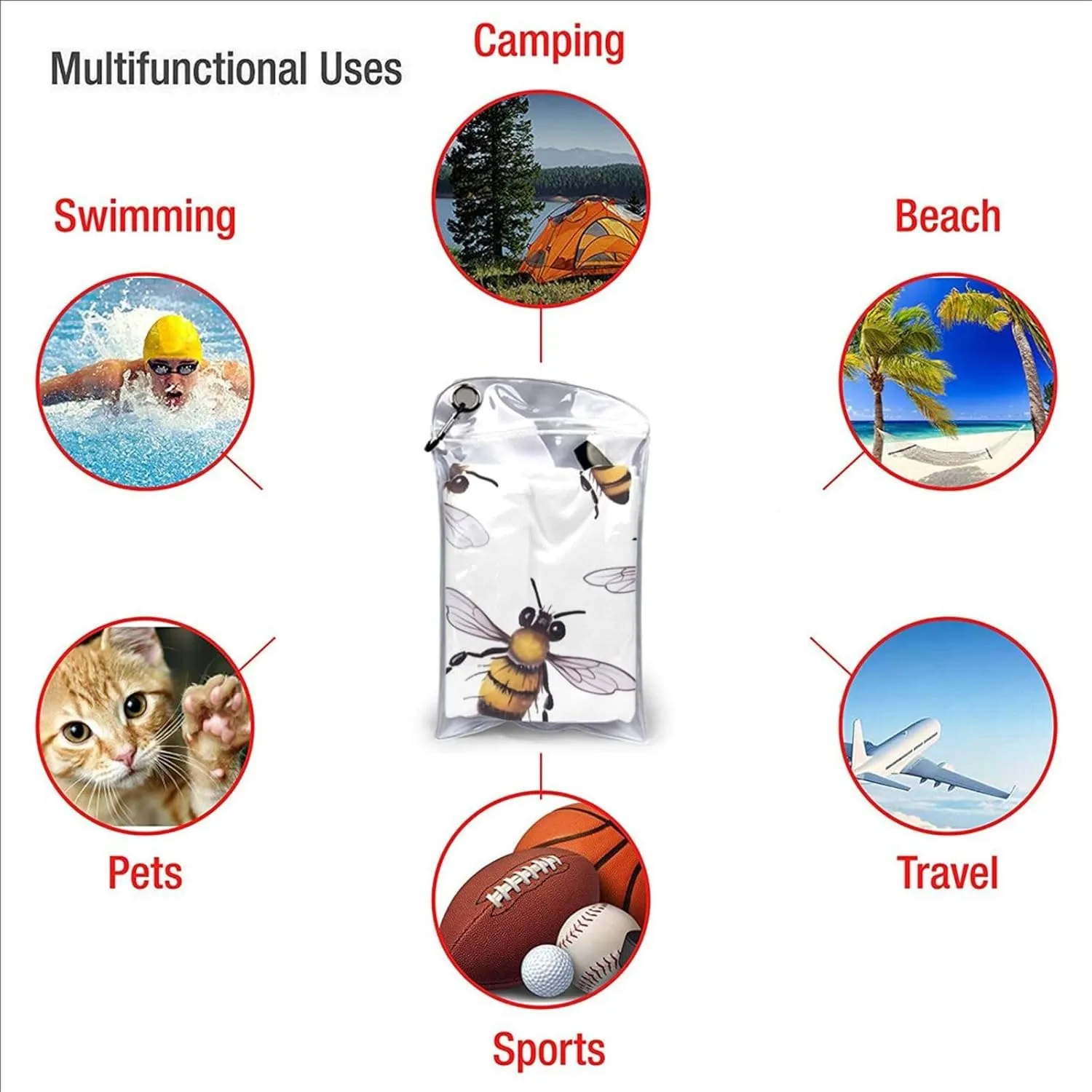 Funny Bees Premium Compact Microfiber Travel Towel-Featherlight & Quick Dry,Sand-Resistant Beach Towel for Swimming,Camping,Vacation Essentials with Carry Pouch