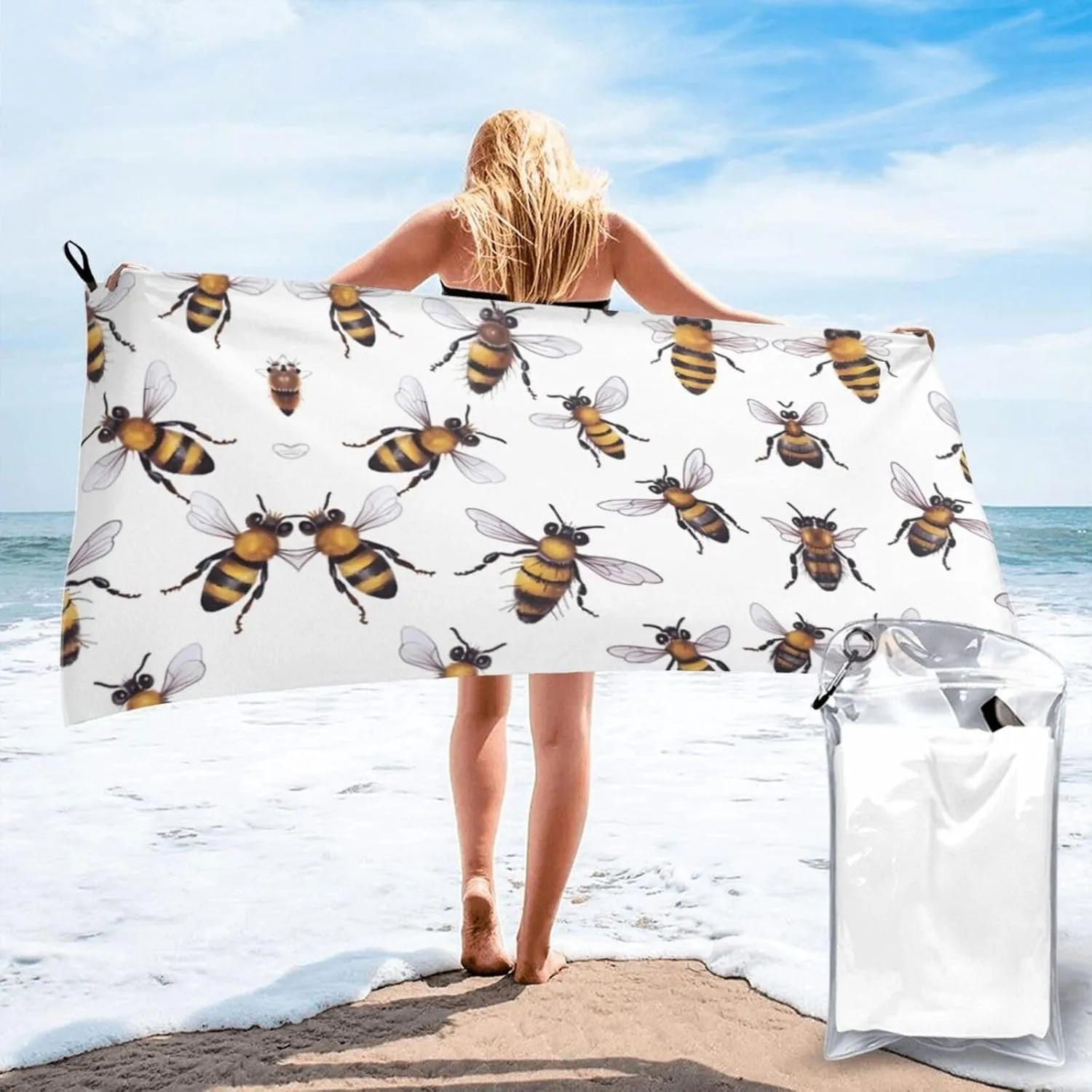 Funny Bees Premium Compact Microfiber Travel Towel-Featherlight & Quick Dry,Sand-Resistant Beach Towel for Swimming,Camping,Vacation Essentials with Carry Pouch