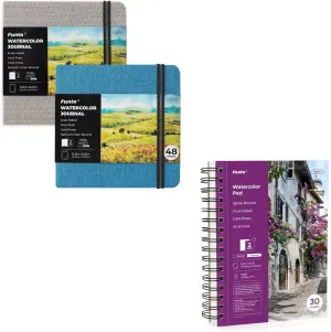 Funto Watercolor Artist Bundle, Funto Watercolor Journal, Square, Blue and Gray, Dual-Sided Cold-Pressed Paper, 5.5" x 5.5" with Watercolor Pad 5.5"x8.5"