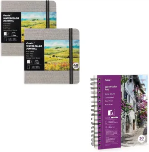 Funto Watercolor Artist Bundle, Funto Watercolor Journal, Square, Gray, Dual-Sided Cold-Pressed Paper, 5.5" x 5.5" with Watercolor Pad 5.5"x8.5"