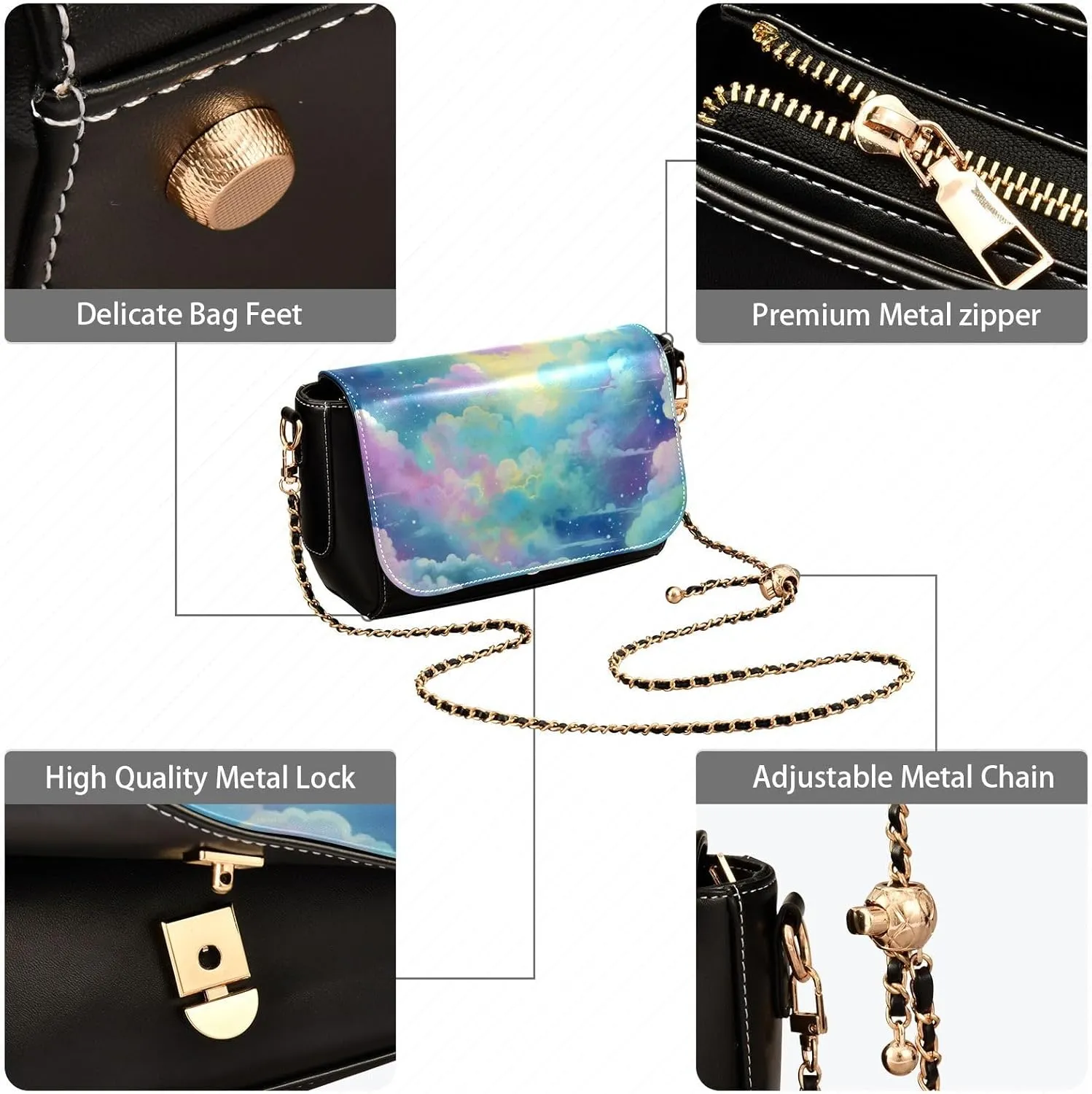GAIGEO Black and Brown Floral Decorative Swirls Gold Chain Strap Crossbody, Ladies Leather Crossbody Bags