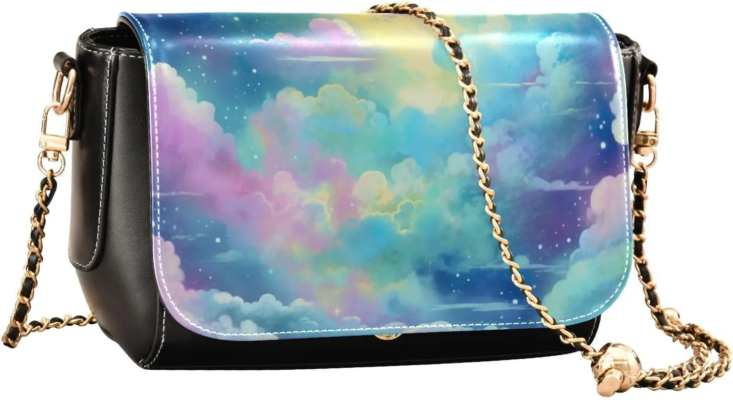 GAIGEO Black and Brown Floral Decorative Swirls Gold Chain Strap Crossbody, Ladies Leather Crossbody Bags