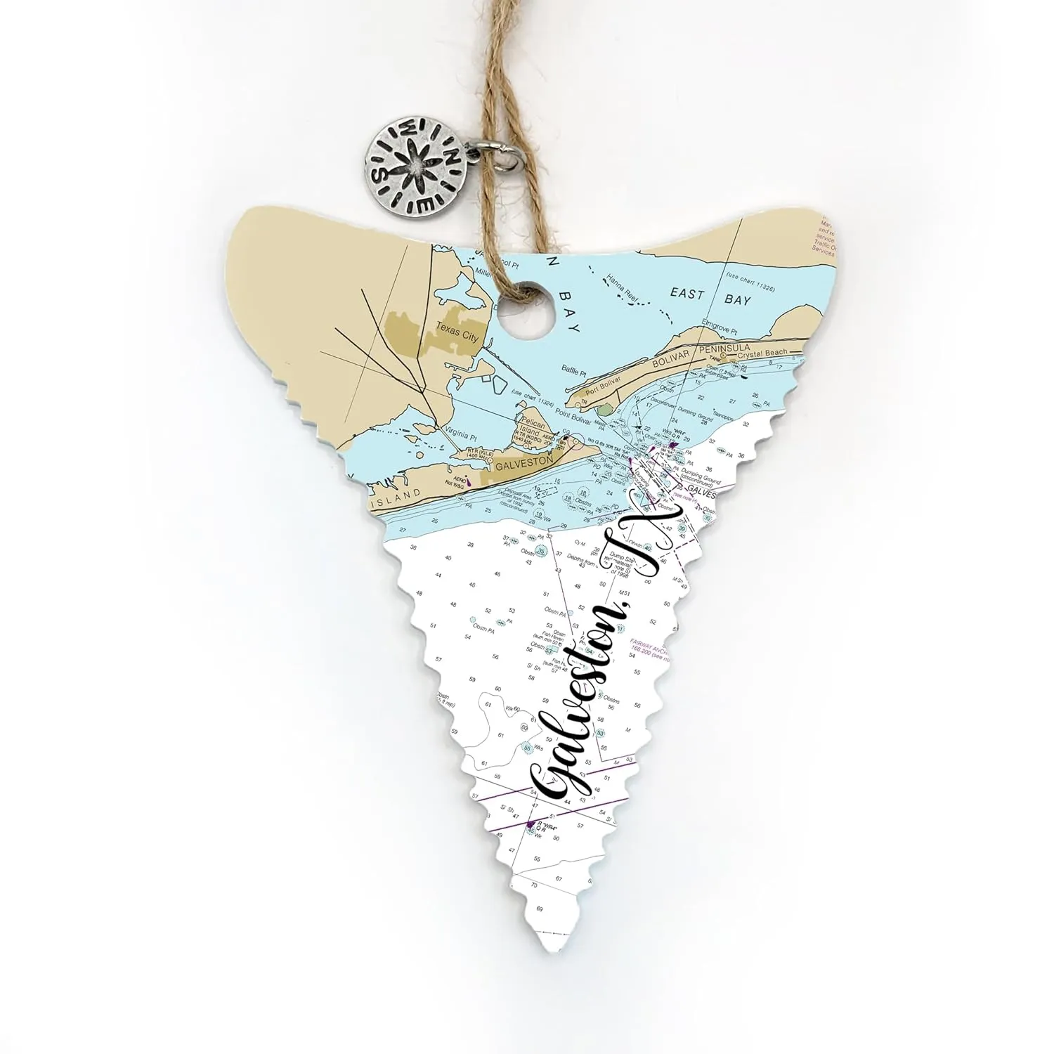 Galveston, TX Shark Tooth Shaped Wood Map Souvenir Ornament | 4” Wood Hanging Map Ornament with Artwork | Perfect for Wine Bottles, Gift Bags, or Christmas Tree