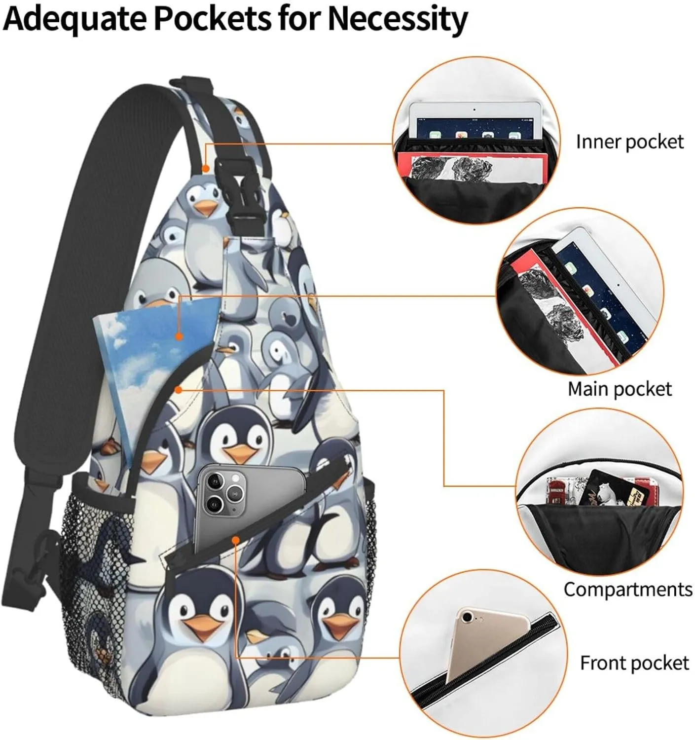 GeRRiT Cute Baby Penguins Sketch Print Small Backpack Sling Bag For Women Men, Chest Bag Daypack Crossbody For Travel Sport, SB-122