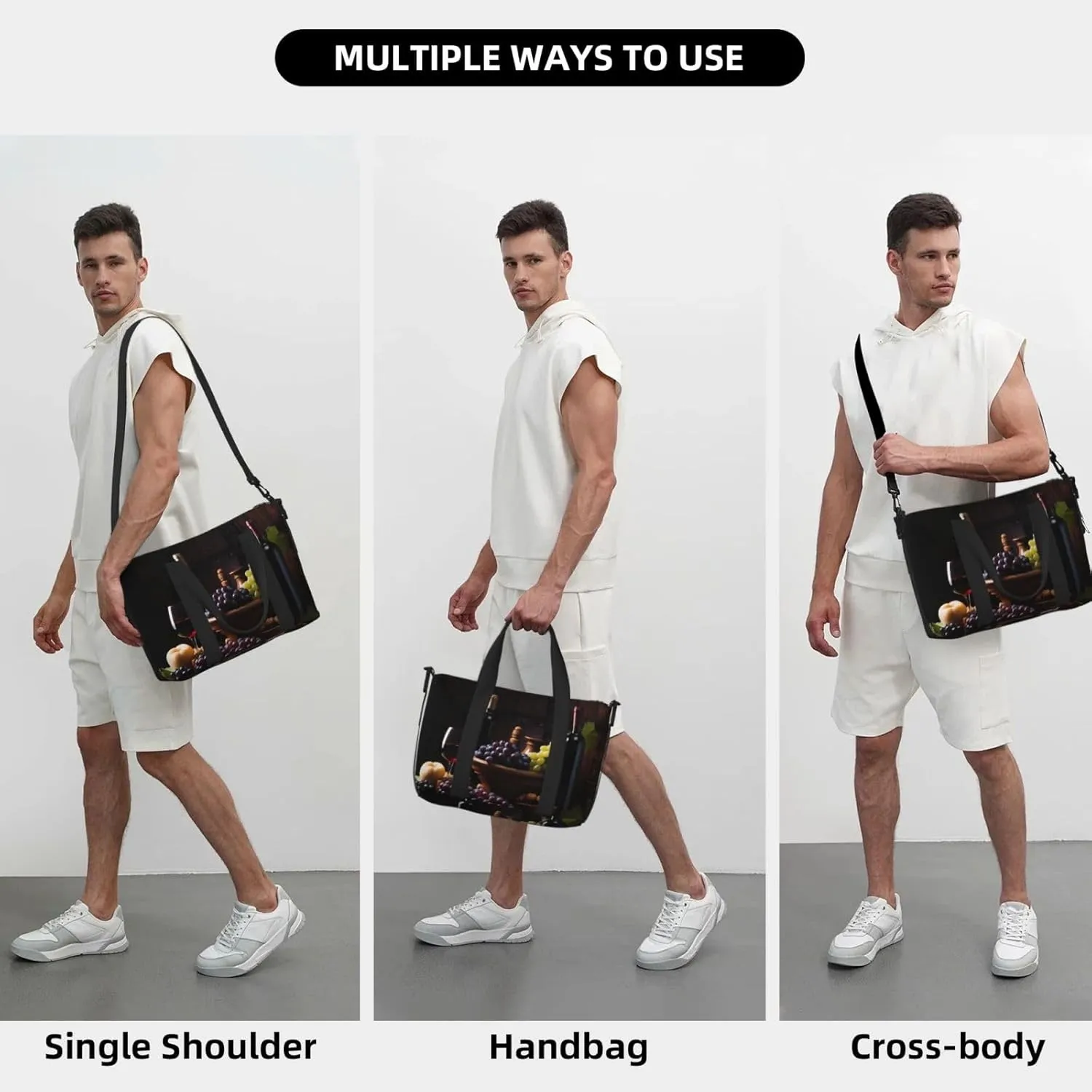 Glasses Wine Grapes Travel Duffel Bags for Women Men, Sports Training Gym Bag Dance Bag with Adjustable Shoulder Strap Fresh Fruit Leaf Weekender Overnight Bag