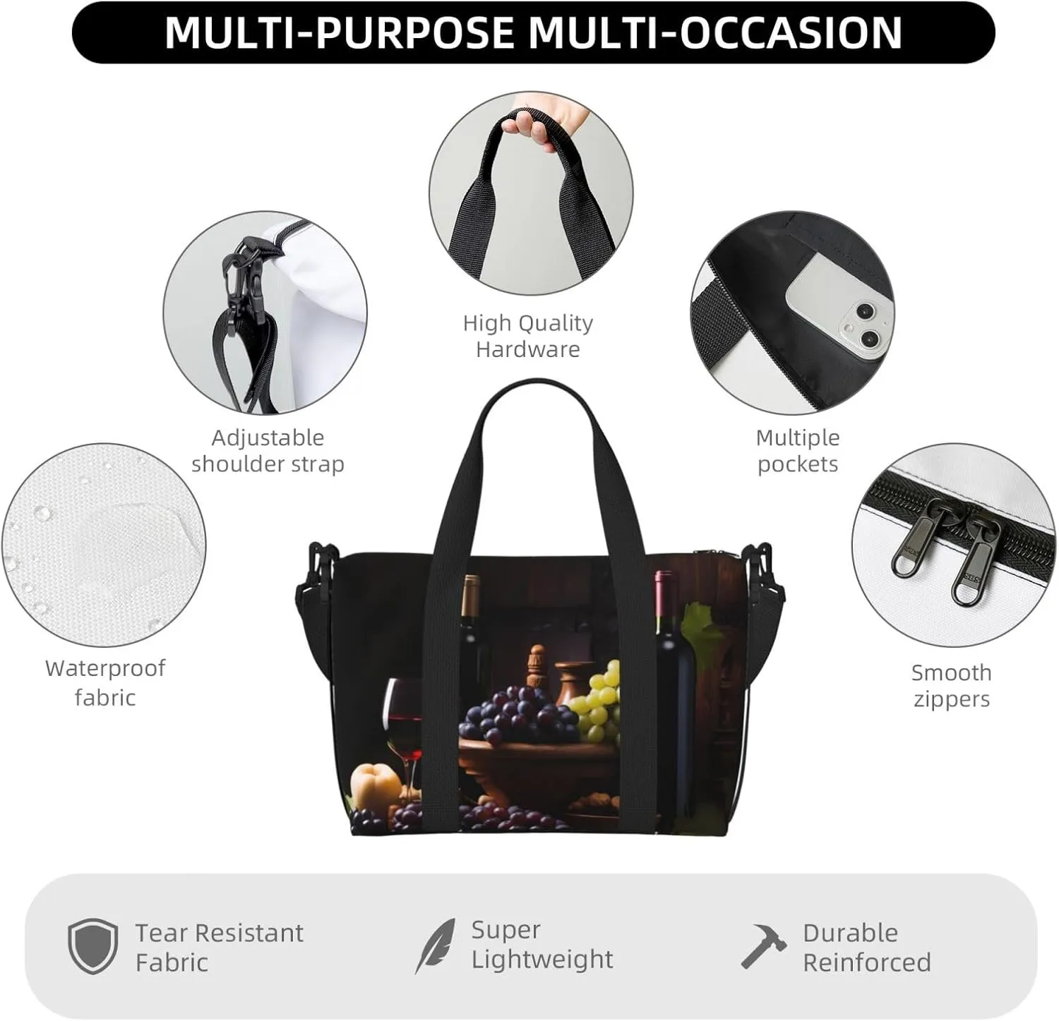 Glasses Wine Grapes Travel Duffel Bags for Women Men, Sports Training Gym Bag Dance Bag with Adjustable Shoulder Strap Fresh Fruit Leaf Weekender Overnight Bag