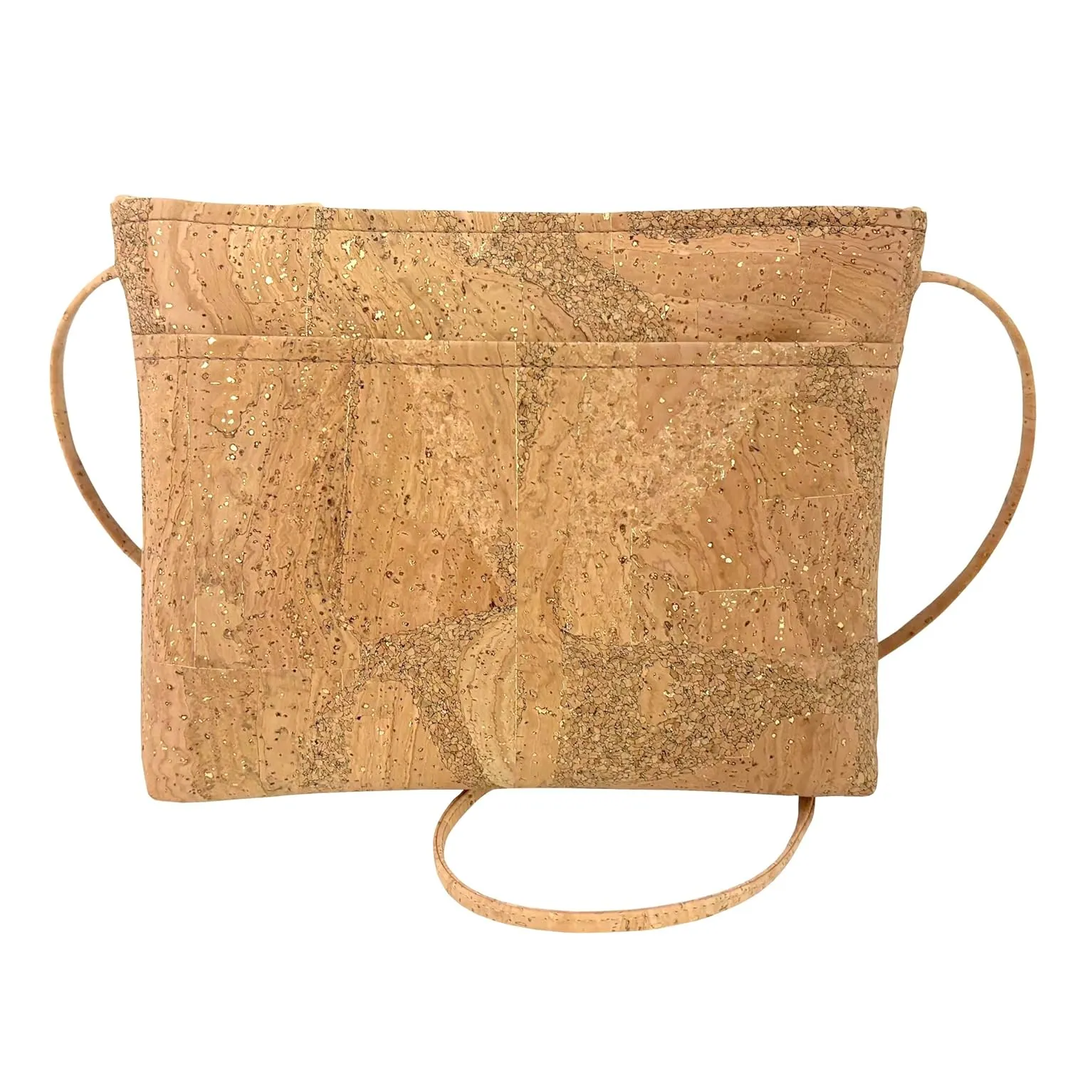 Gold Splash Cork Zip Top Cross Body Bag with Natural Zipper, Handmade Cork Crossbody Bag with Adjustable Strap