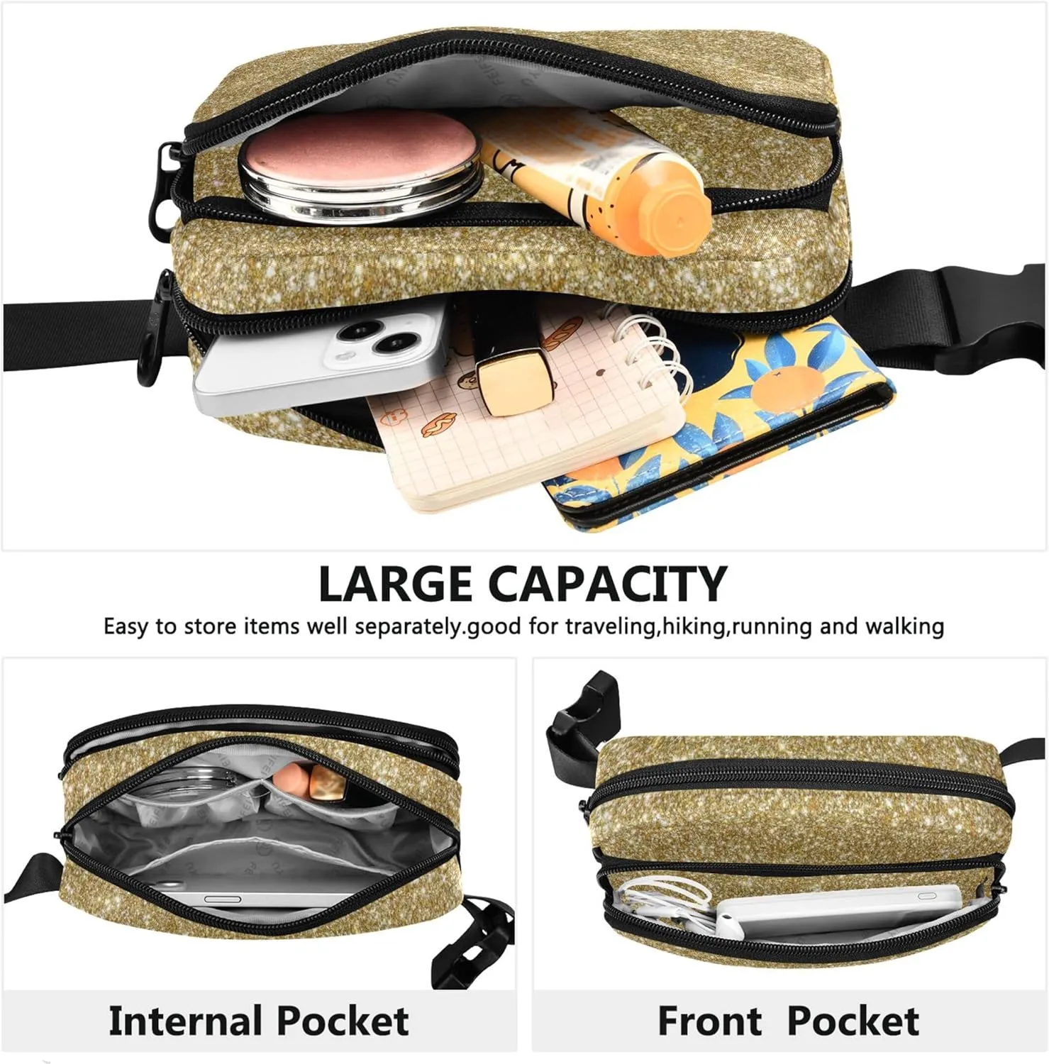 Golden Glitter Texture Fanny Pack for Women Waterproof Hip Pack Belt Bag Cute Crossbody Waist Bag