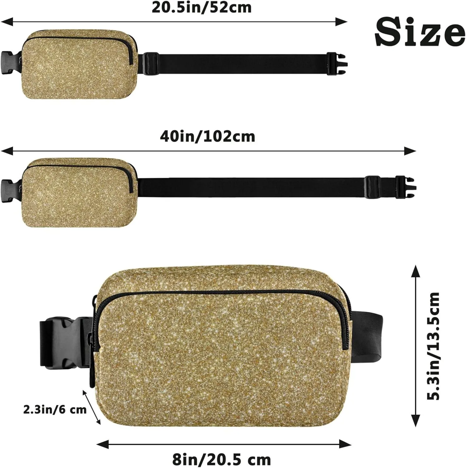Golden Glitter Texture Fanny Pack for Women Waterproof Hip Pack Belt Bag Cute Crossbody Waist Bag
