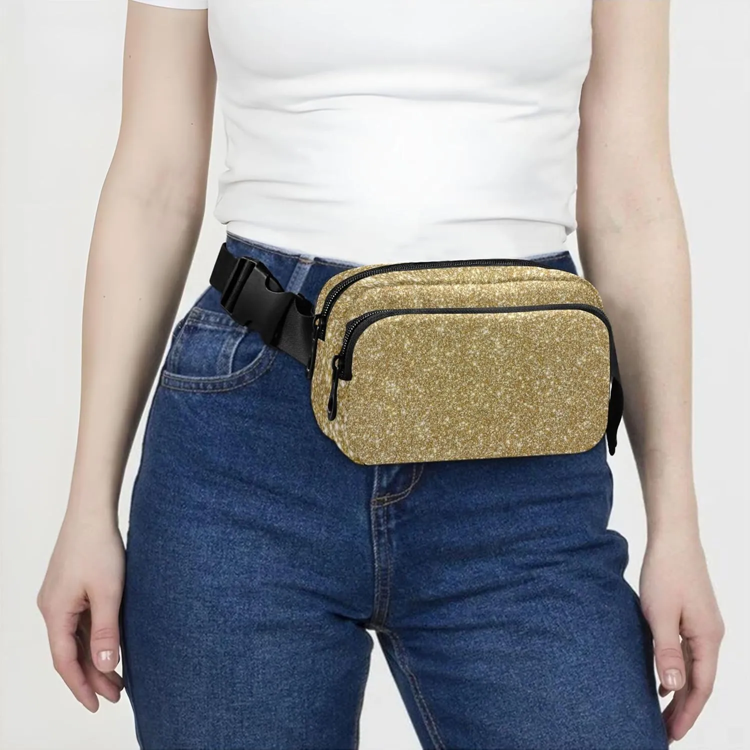 Golden Glitter Texture Fanny Pack for Women Waterproof Hip Pack Belt Bag Cute Crossbody Waist Bag