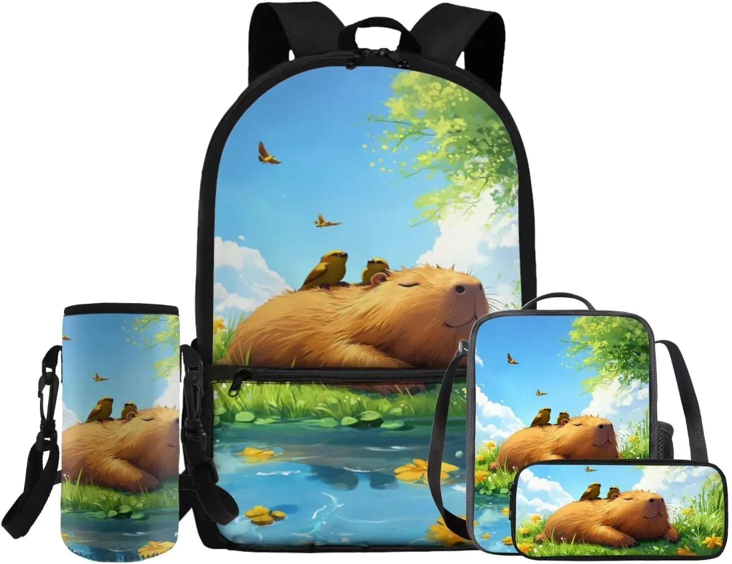 Gomyblomy Birds Capybara Backpack Set for Girls 6-8 8-10 10-12 Cute Elementary Kindergarten School Bag with Lunch Box Pencil Case Water Bottle Holder for Kids 4 Pcs Girls Bookbag Set