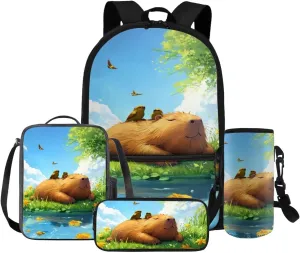 Gomyblomy Birds Capybara Backpack Set for Girls 6-8 8-10 10-12 Cute Elementary Kindergarten School Bag with Lunch Box Pencil Case Water Bottle Holder for Kids 4 Pcs Girls Bookbag Set