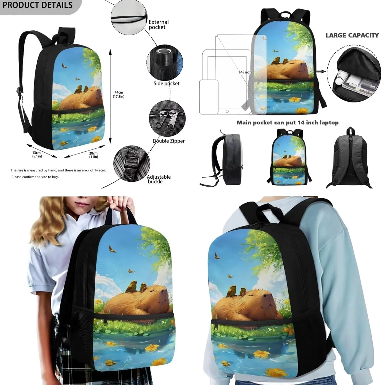 Gomyblomy Birds Capybara Backpack Set for Girls 6-8 8-10 10-12 Cute Elementary Kindergarten School Bag with Lunch Box Pencil Case Water Bottle Holder for Kids 4 Pcs Girls Bookbag Set