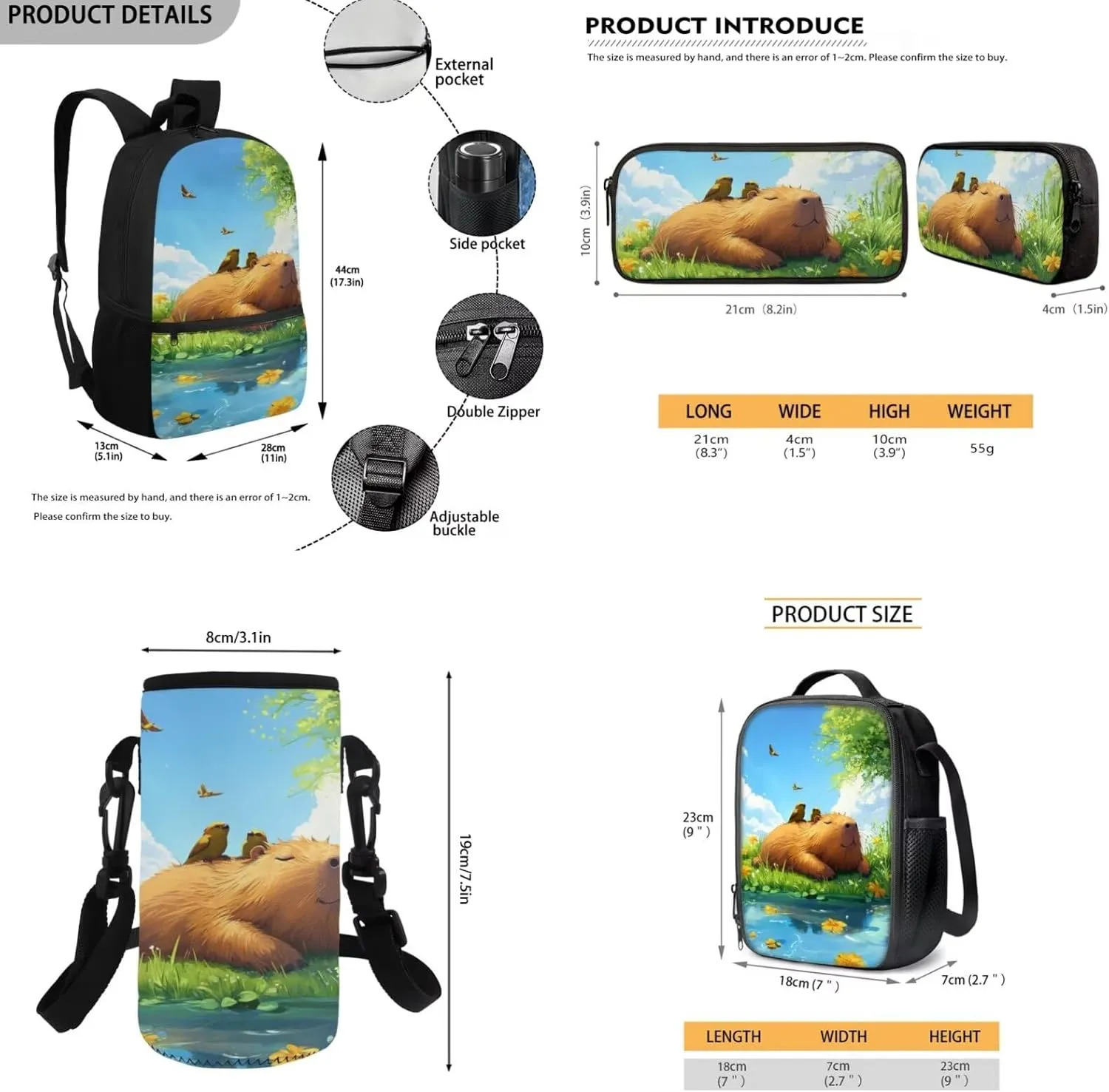 Gomyblomy Birds Capybara Backpack Set for Girls 6-8 8-10 10-12 Cute Elementary Kindergarten School Bag with Lunch Box Pencil Case Water Bottle Holder for Kids 4 Pcs Girls Bookbag Set
