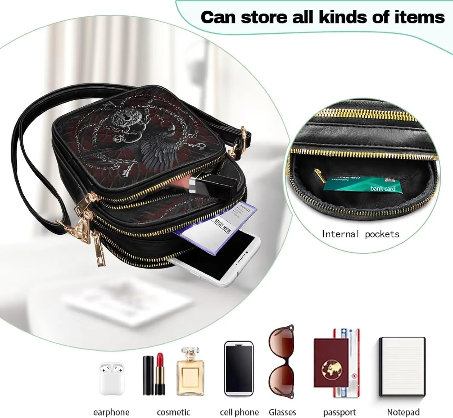 Gothic Small Crossbody Bags PU Leather Handbags for Women, Travel Wallet Zipper Phone Pouch with Adjustable Strap