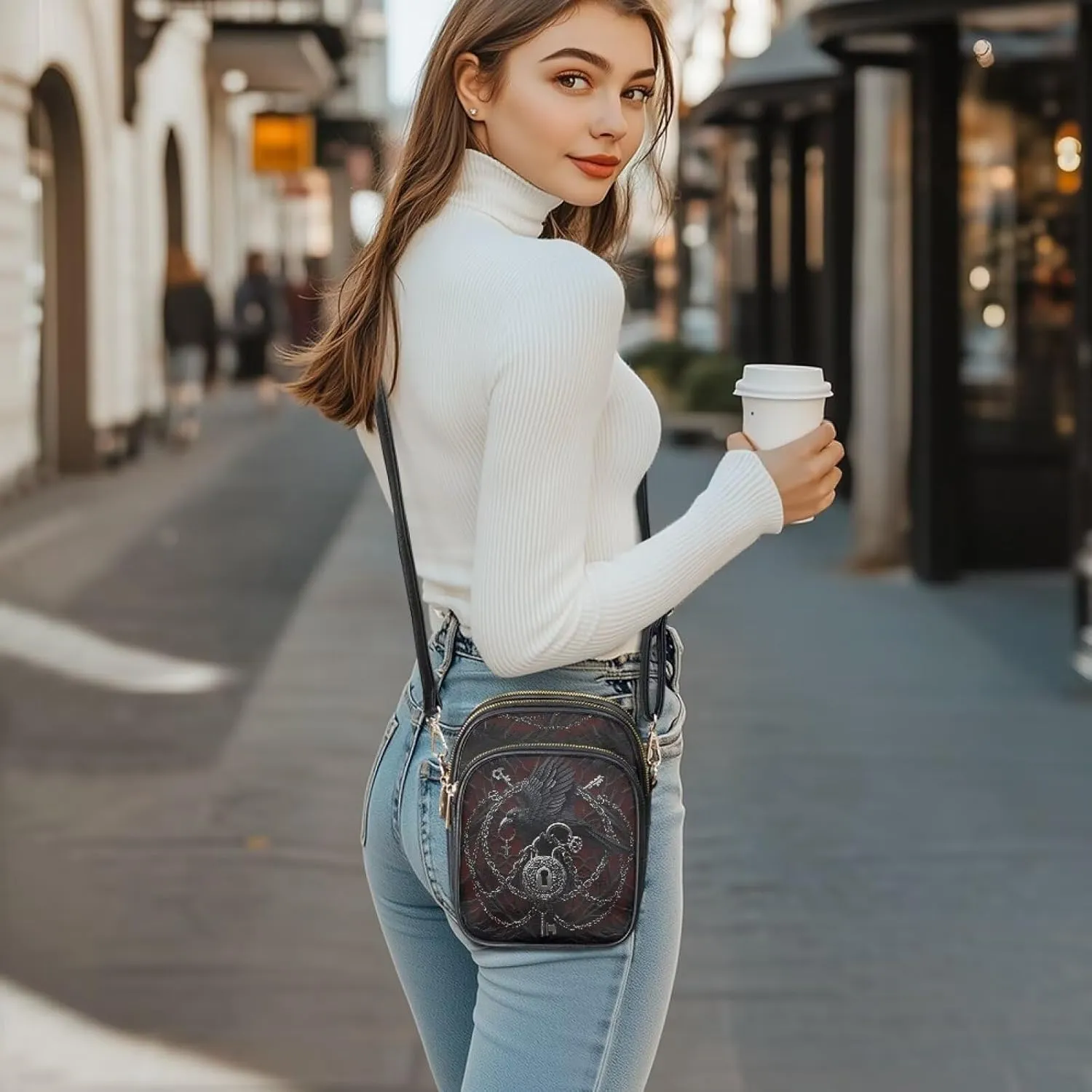 Gothic Small Crossbody Bags PU Leather Handbags for Women, Travel Wallet Zipper Phone Pouch with Adjustable Strap