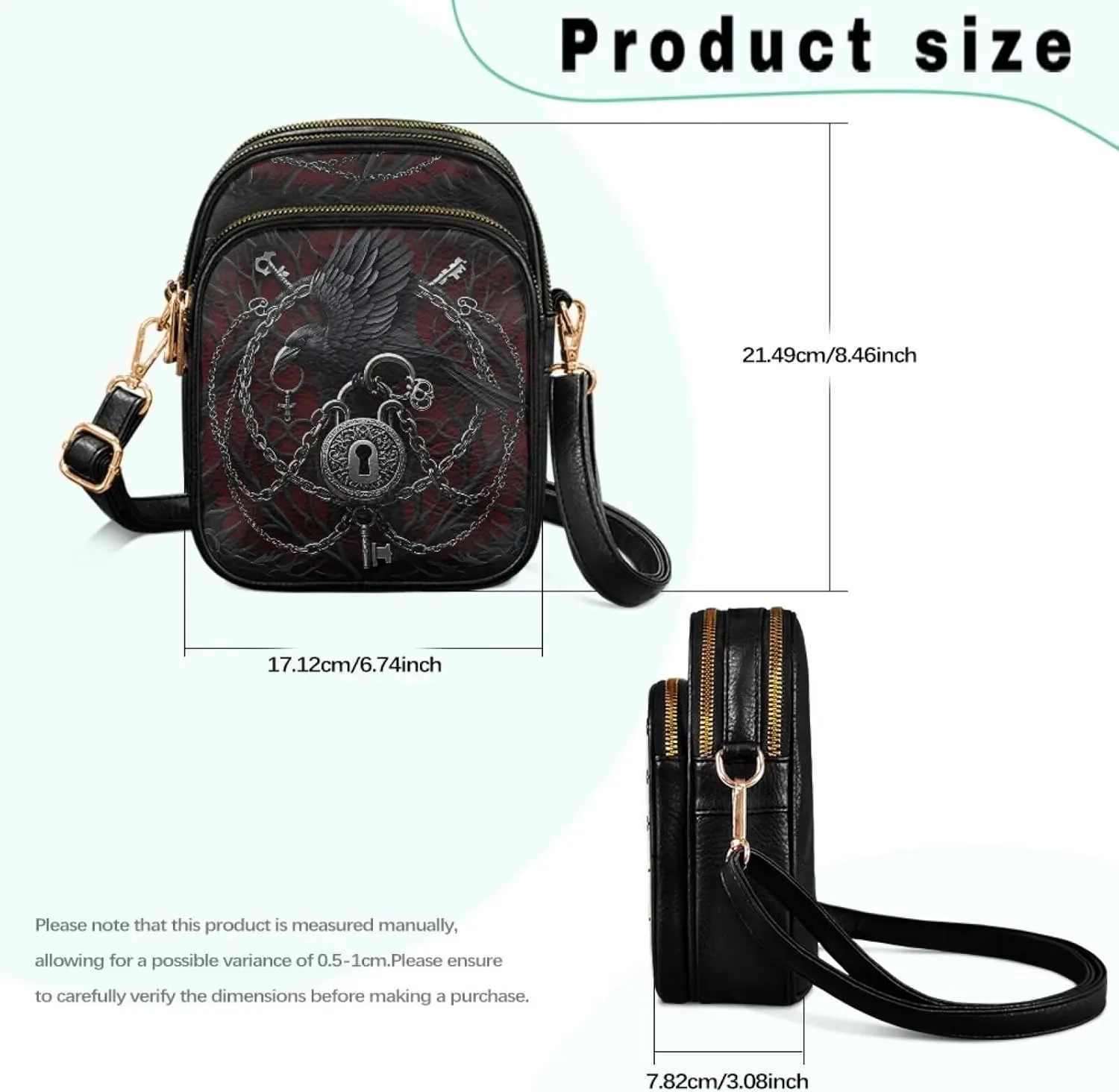Gothic Small Crossbody Bags PU Leather Handbags for Women, Travel Wallet Zipper Phone Pouch with Adjustable Strap