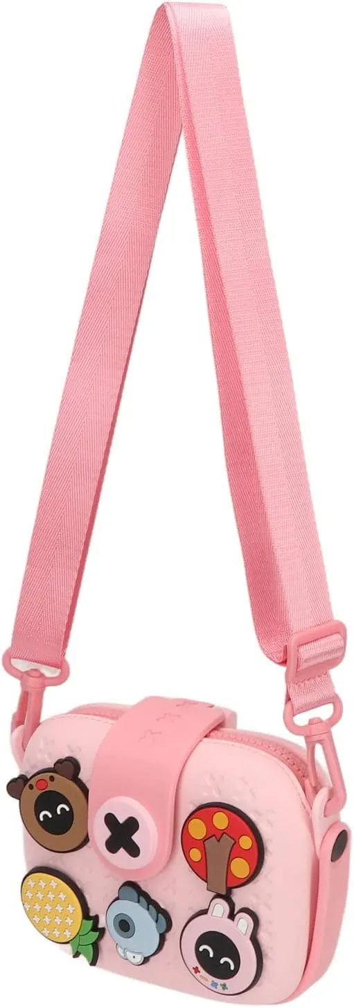 GOWENIC Kids Camera Case, Digital Camera Storage Case, Cartoon Multi Color Buffer Housing Large Capacity Crossbody Shoulder Bag for Boys Girls (Pink)