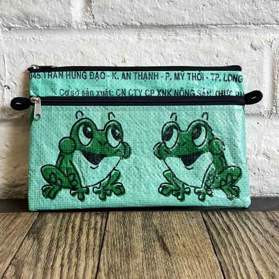 Green Frogs - Recycled Double Zip Case with Strap