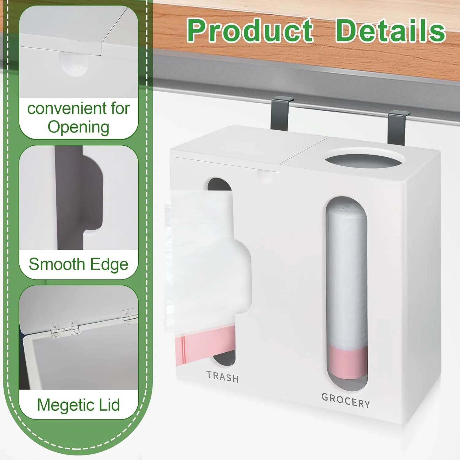 Grocery Bag Dispenser & Trash Bag Holder - 2 in 1 Bamboo Plastic Bag Holder, Wall Mounted Grocery Plastic Bag Holder for Kitchen Organization, Under Sink Organization(White)