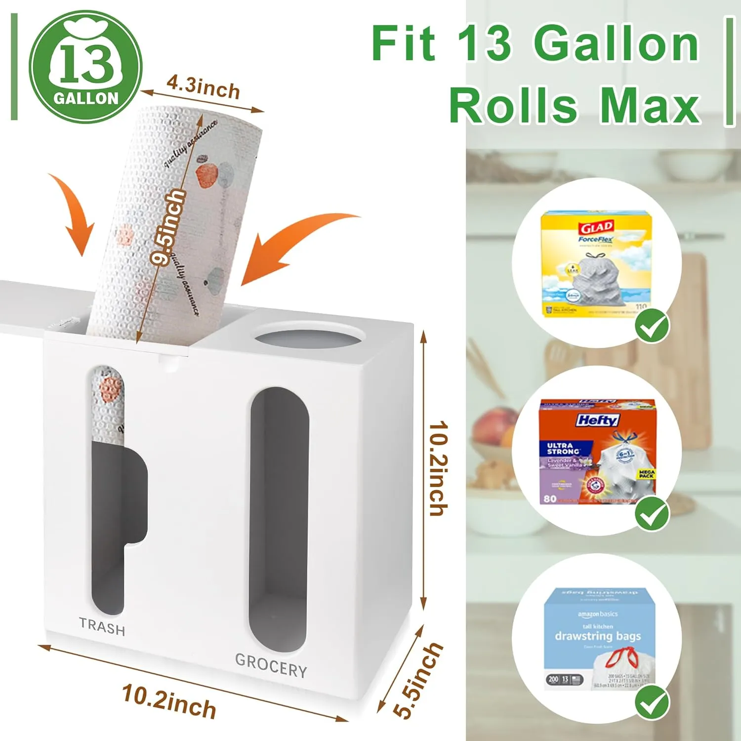 Grocery Bag Dispenser & Trash Bag Holder - 2 in 1 Bamboo Plastic Bag Holder, Wall Mounted Grocery Plastic Bag Holder for Kitchen Organization, Under Sink Organization(White)