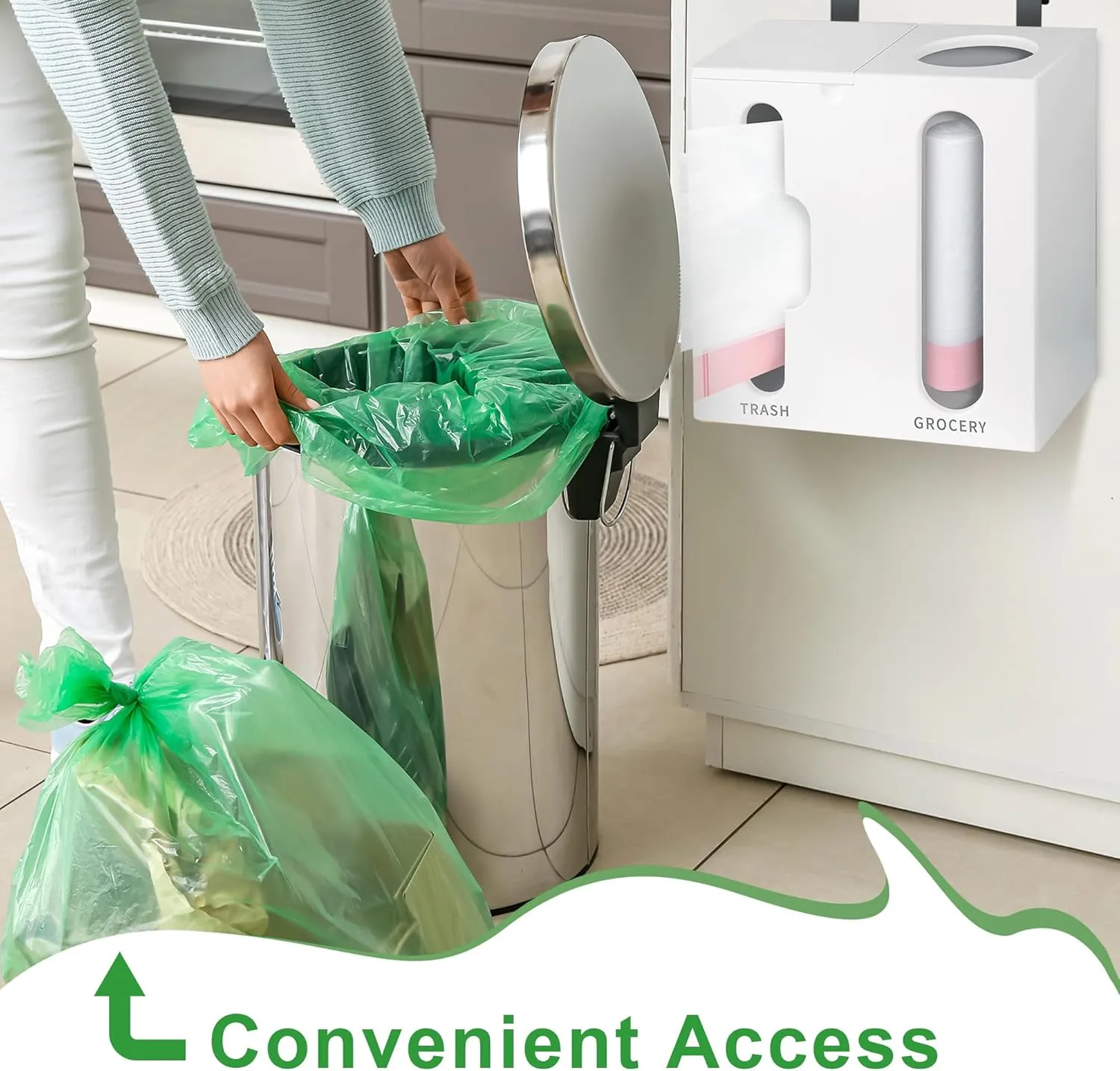 Grocery Bag Dispenser & Trash Bag Holder - 2 in 1 Bamboo Plastic Bag Holder, Wall Mounted Grocery Plastic Bag Holder for Kitchen Organization, Under Sink Organization(White)