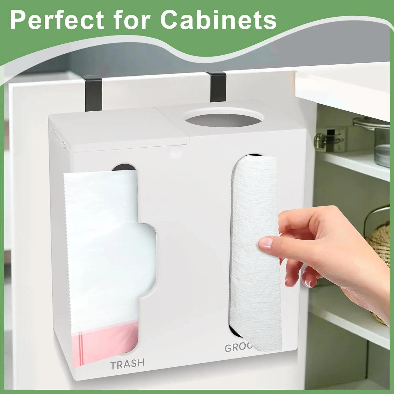 Grocery Bag Dispenser & Trash Bag Holder - 2 in 1 Bamboo Plastic Bag Holder, Wall Mounted Grocery Plastic Bag Holder for Kitchen Organization, Under Sink Organization(White)
