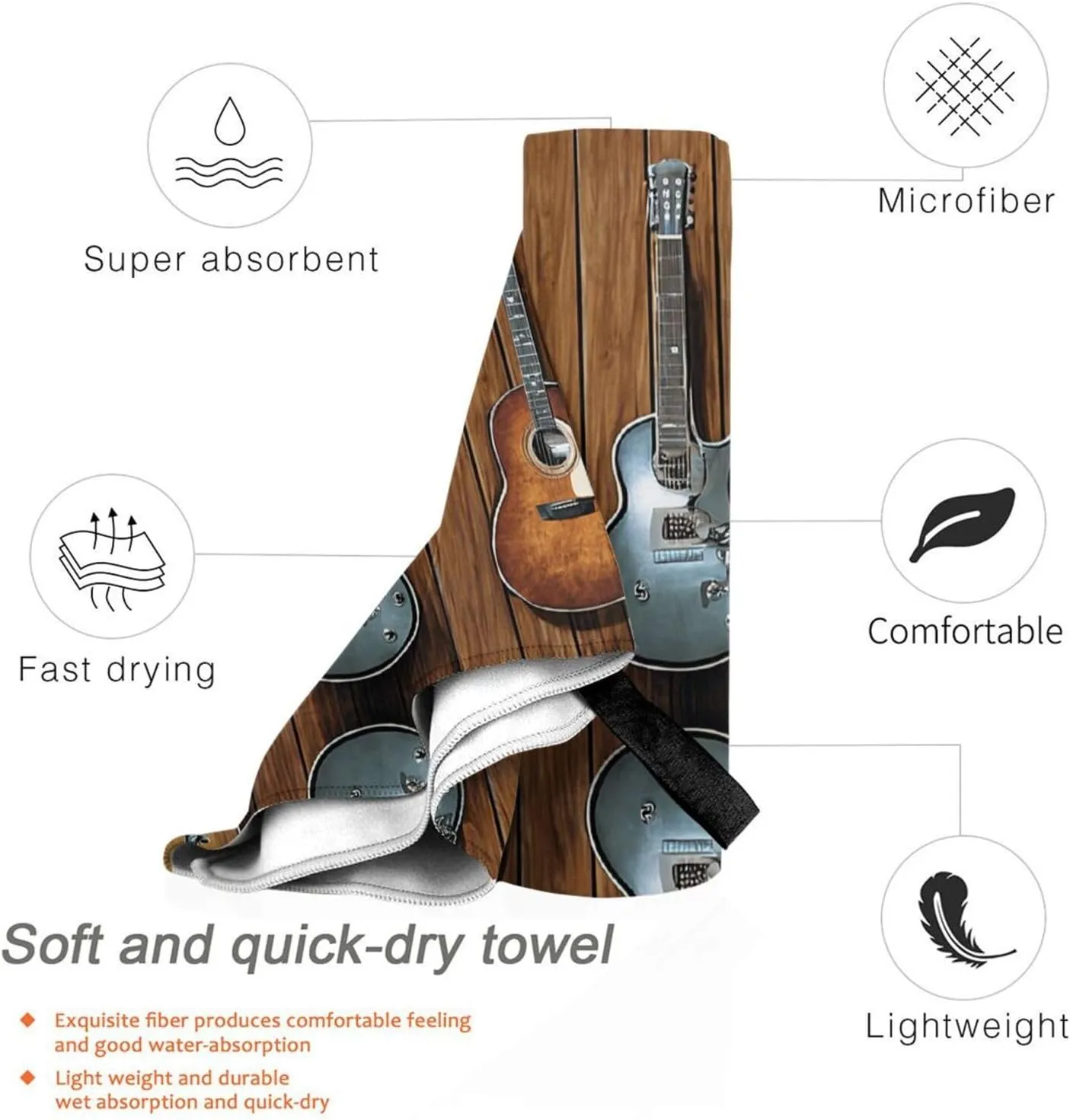 Guitars Art Premium Compact Microfiber Travel Towel-Featherlight & Quick Dry,Sand-Resistant Beach Towel for Swimming,Camping,Vacation Essentials with Carry Pouch