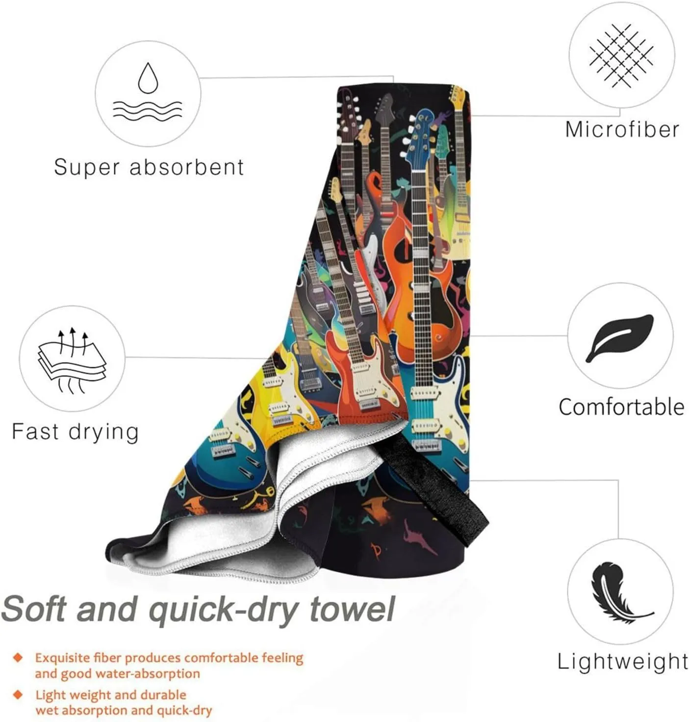Guitars Premium Compact Microfiber Travel Towel-Featherlight & Quick Dry,Sand-Resistant Beach Towel for Swimming,Camping,Vacation Essentials with Carry Pouch