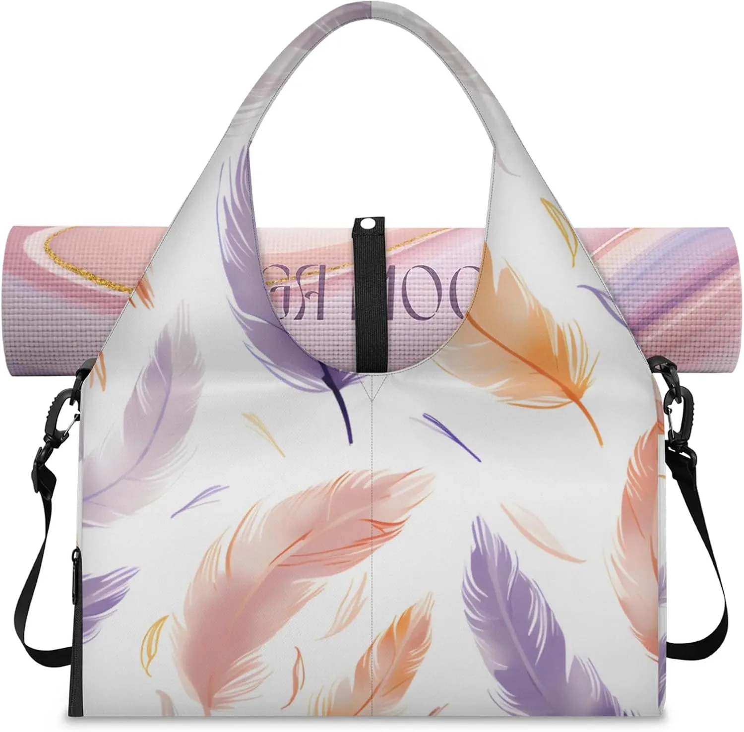 Gym Bag for Women Feathers Theme Duffel Bag with Shoe Compartment and Yoga Mat Holder Portable Weekender Bags Travel Tote Bags