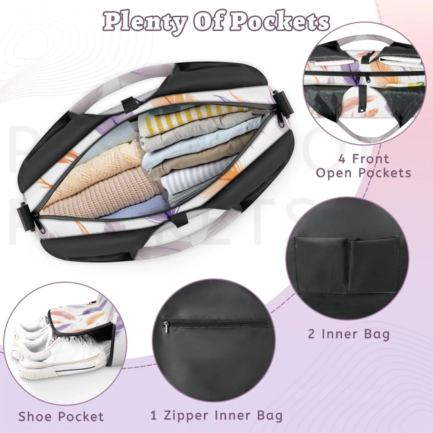 Gym Bag for Women Feathers Theme Duffel Bag with Shoe Compartment and Yoga Mat Holder Portable Weekender Bags Travel Tote Bags