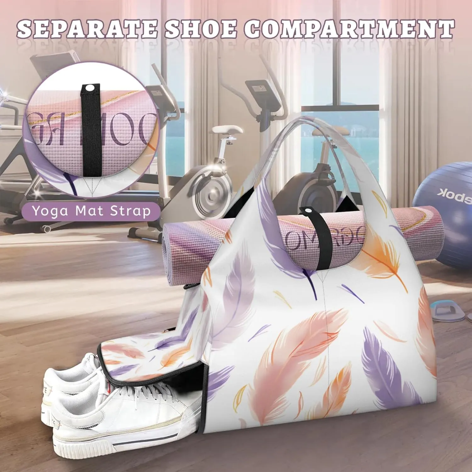 Gym Bag for Women Feathers Theme Duffel Bag with Shoe Compartment and Yoga Mat Holder Portable Weekender Bags Travel Tote Bags