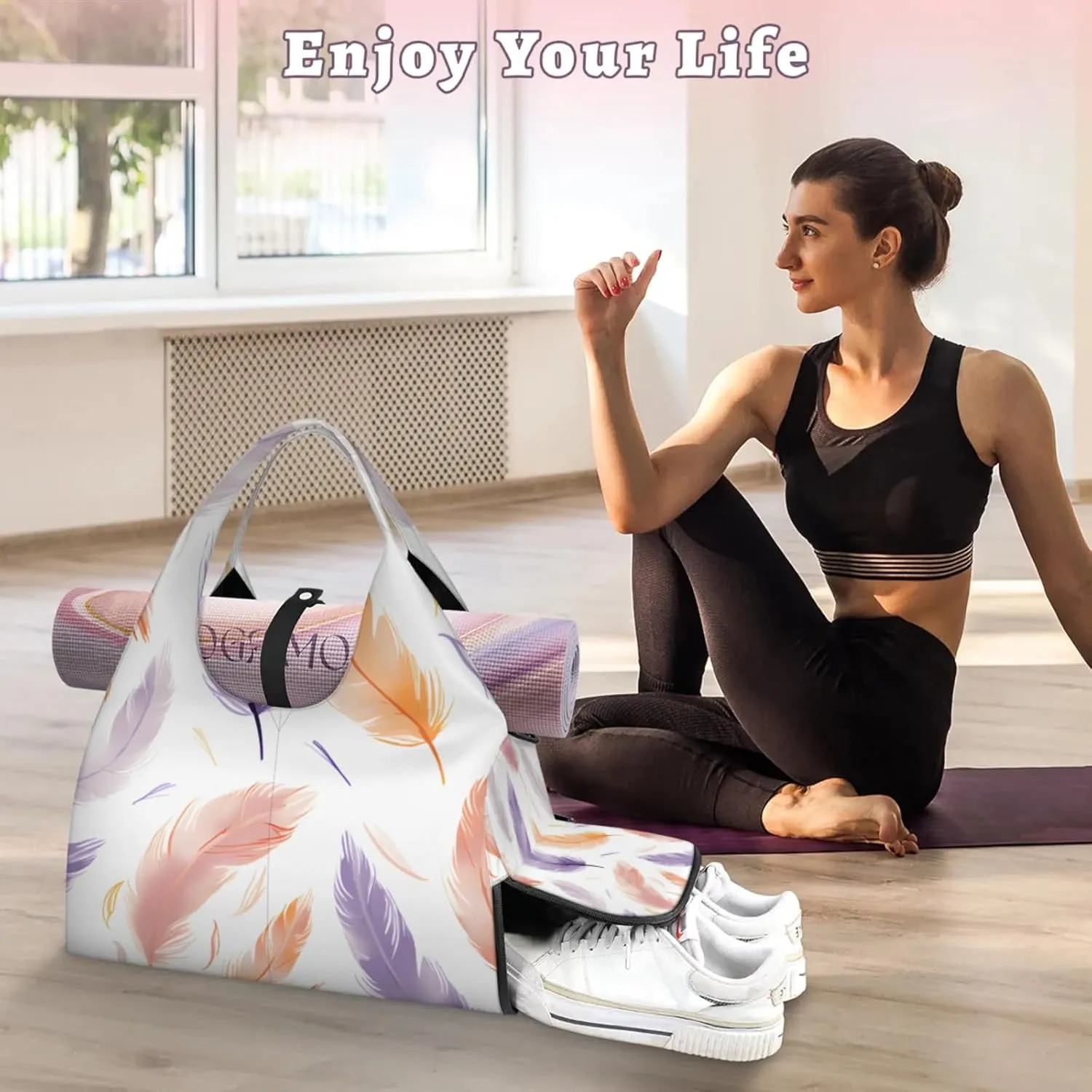 Gym Bag for Women Feathers Theme Duffel Bag with Shoe Compartment and Yoga Mat Holder Portable Weekender Bags Travel Tote Bags