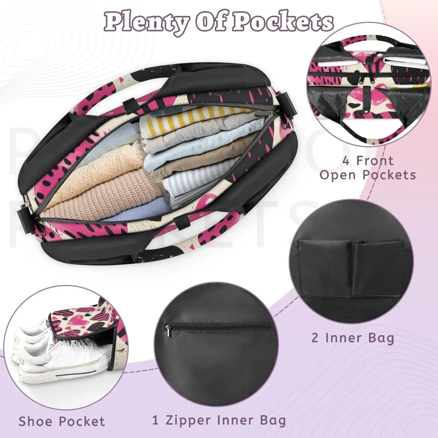 Gym Bag for Women Love Hearts Printed Duffel Bag with Shoe Compartment and Yoga Mat Holder Portable Weekender Bags Travel Tote Bags