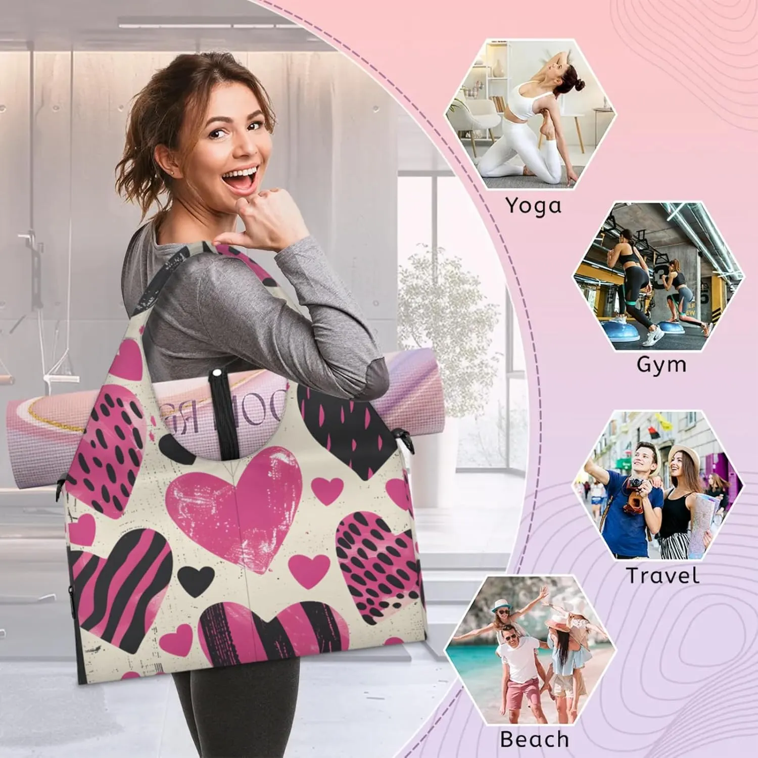 Gym Bag for Women Love Hearts Printed Duffel Bag with Shoe Compartment and Yoga Mat Holder Portable Weekender Bags Travel Tote Bags