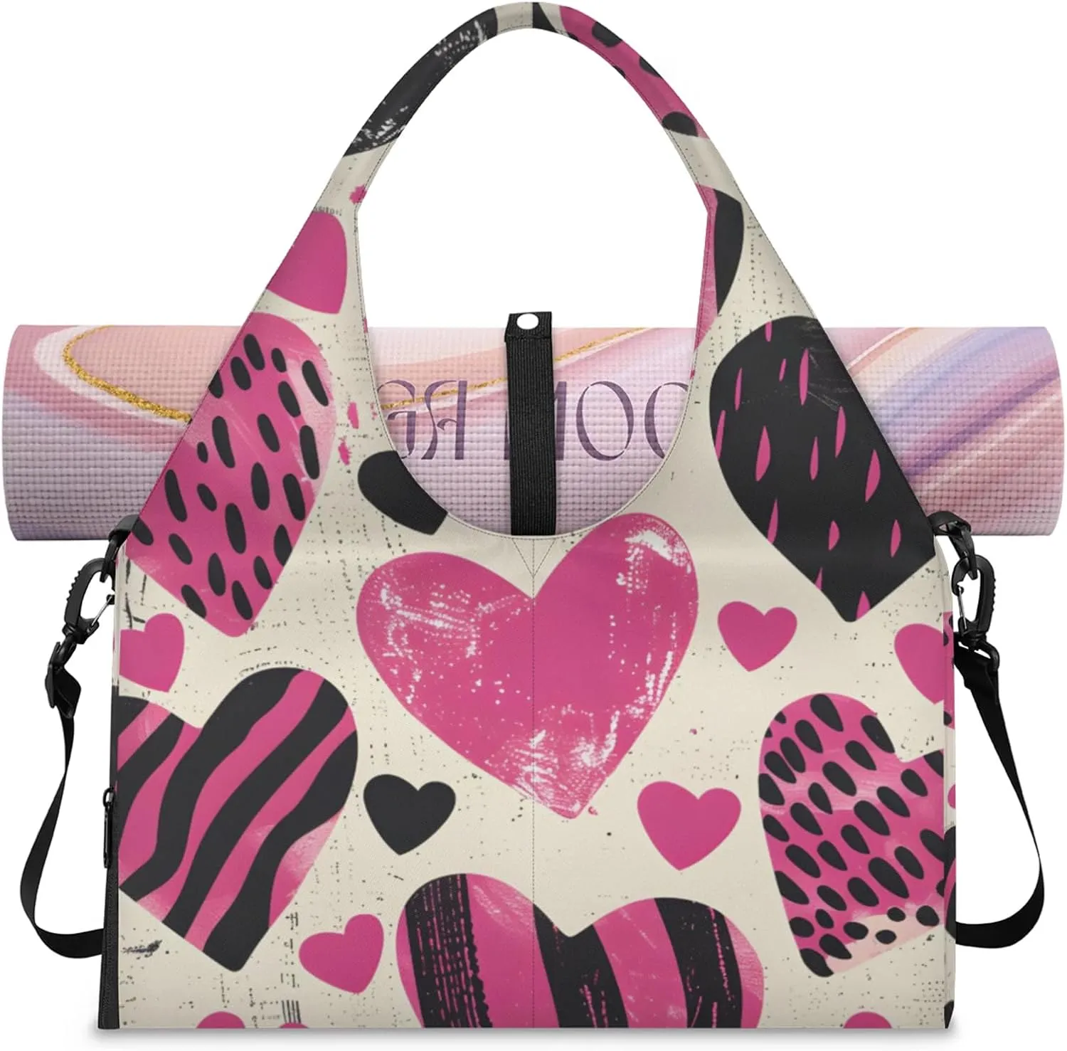 Gym Bag for Women Love Hearts Printed Duffel Bag with Shoe Compartment and Yoga Mat Holder Portable Weekender Bags Travel Tote Bags