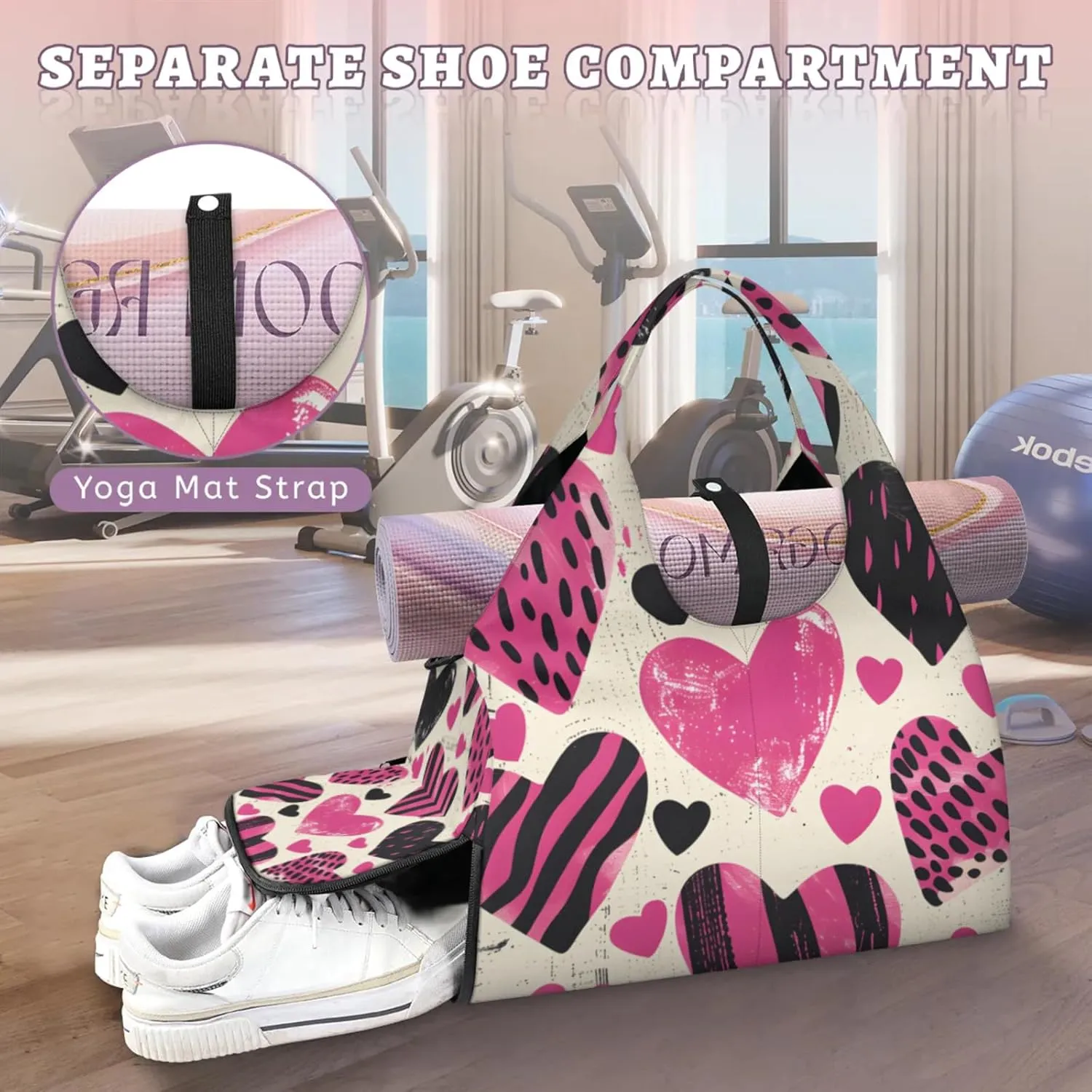 Gym Bag for Women Love Hearts Printed Duffel Bag with Shoe Compartment and Yoga Mat Holder Portable Weekender Bags Travel Tote Bags