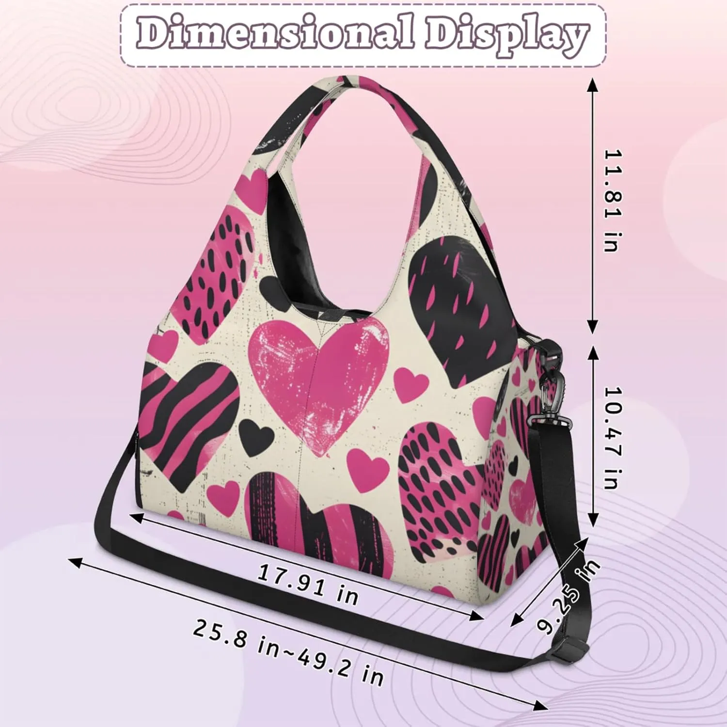 Gym Bag for Women Love Hearts Printed Duffel Bag with Shoe Compartment and Yoga Mat Holder Portable Weekender Bags Travel Tote Bags