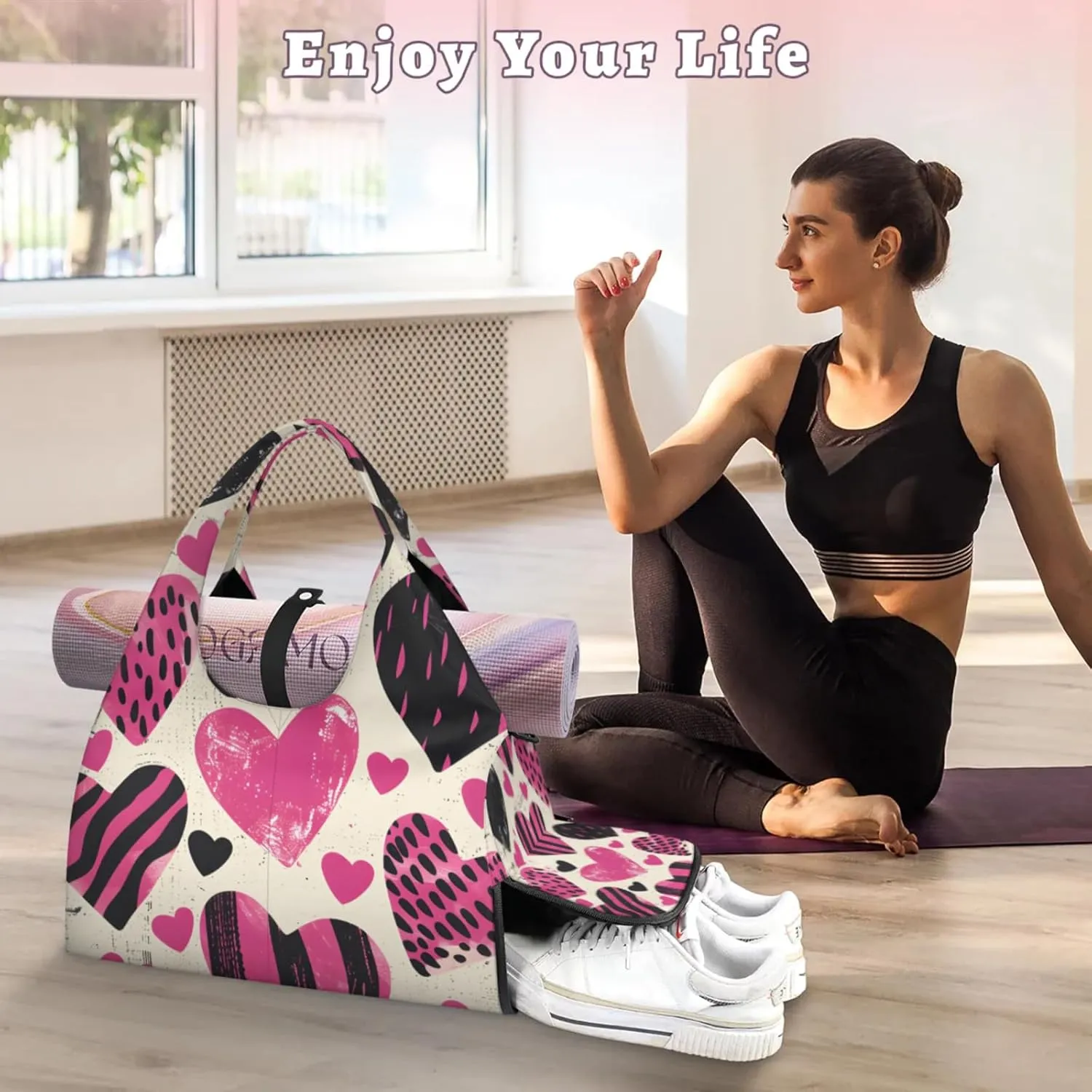 Gym Bag for Women Love Hearts Printed Duffel Bag with Shoe Compartment and Yoga Mat Holder Portable Weekender Bags Travel Tote Bags