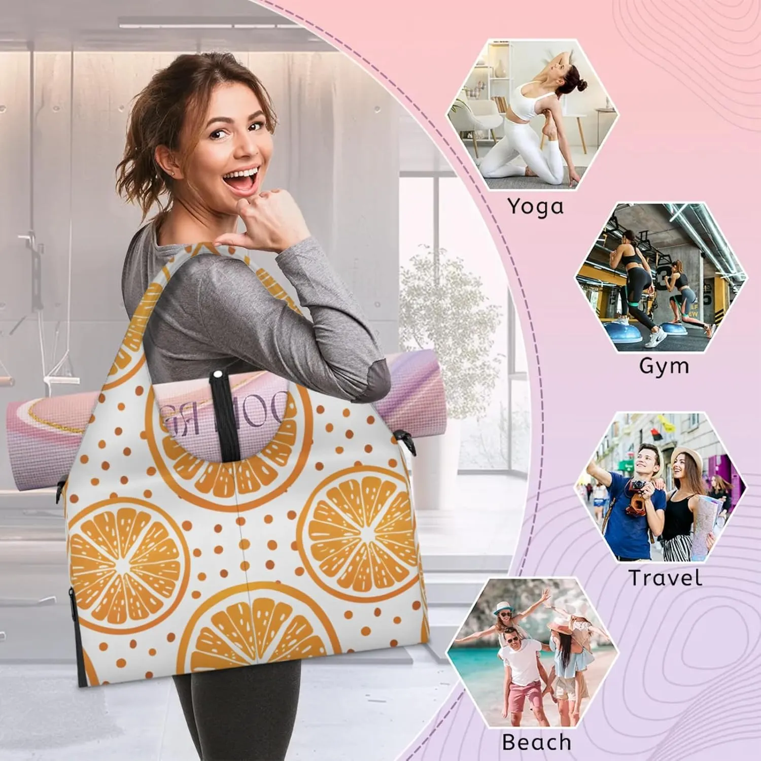 Gym Bag for Women Orange Slice Dots Duffel Bag with Shoe Compartment and Yoga Mat Holder Portable Weekender Bags Travel Tote Bags