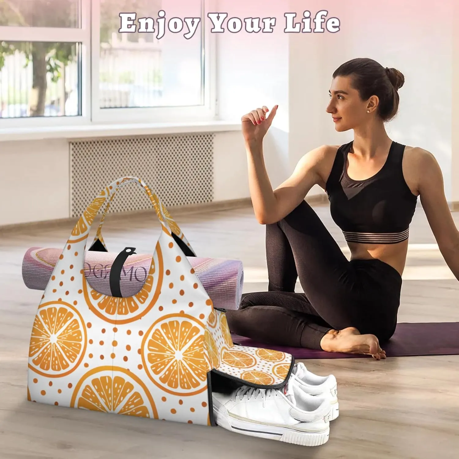 Gym Bag for Women Orange Slice Dots Duffel Bag with Shoe Compartment and Yoga Mat Holder Portable Weekender Bags Travel Tote Bags