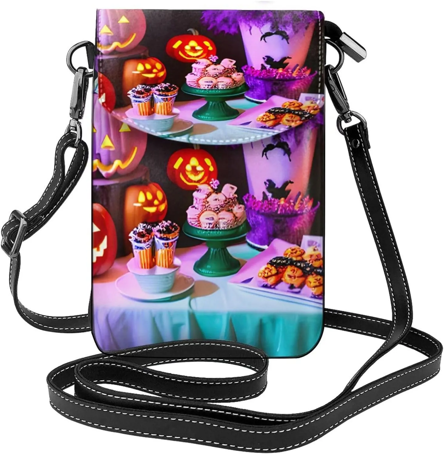 Halloween Carnival Party Print Small Cell Phone Leather Purse Adjustable Shoulder Rope Crossbody Bags For Women
