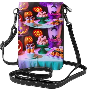 Halloween Carnival Party Print Small Cell Phone Leather Purse Adjustable Shoulder Rope Crossbody Bags For Women